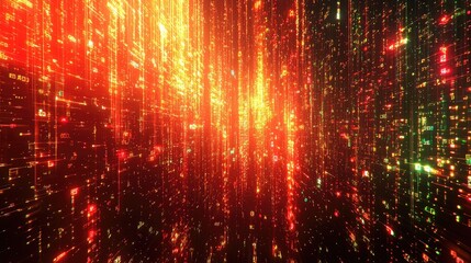 Obraz premium Abstract red and orange glowing lines and particles in dark space.