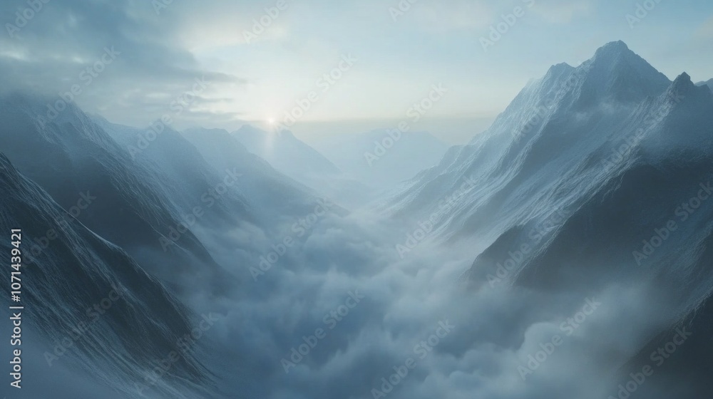 Poster A mountain range with a cloudy sky and a sun in the background