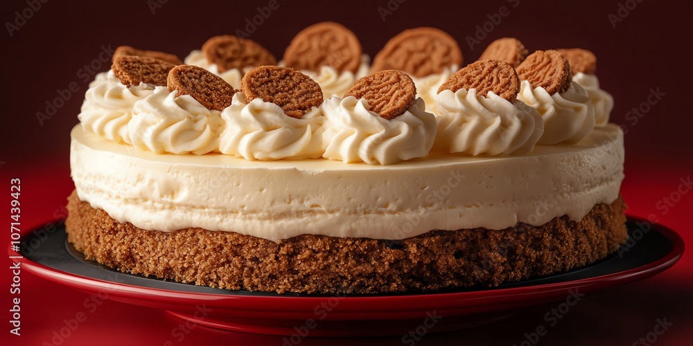 Poster a close-up of a delicious cheesecake with a graham cracker crust and topped with whipped cream and c