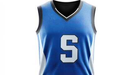 Blue basketball jersey with team name and number on chest, stretchy and durable material, white background for a bold design