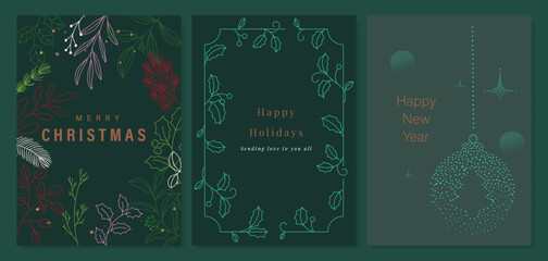 Naklejka premium Luxury Happy Holidays invitation card design vector. Elegant Happy New Year card with little star, pine leaves, snowflake on emerald green background. Design for Season's Greeting, Christmas, cover.