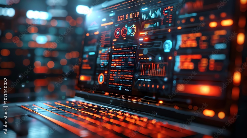 Poster a close-up of a laptop screen displaying a futuristic user interface with graphs, charts, and data v