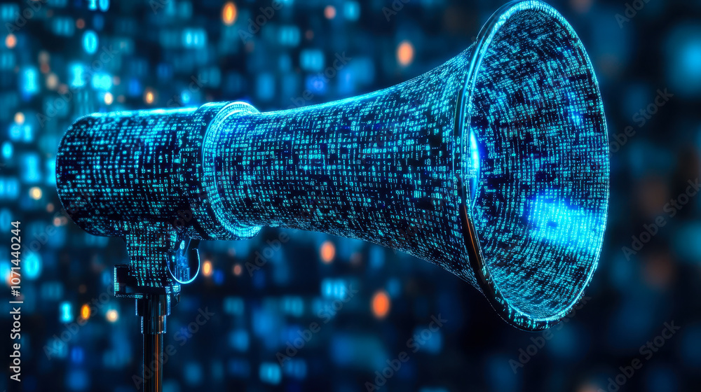 Poster digital megaphone with binary code for ai-driven marketing and targeted advertising solutions