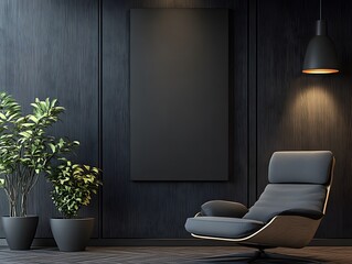 Modern Minimalist Living Room with Empty Canvas for Art: A stylish and contemporary living room with a dark wood wall, a large empty canvas, a plush armchair and a pendant light.