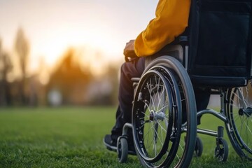 A person in a wheelchair enjoys a sunset in a park, reflecting tranquility and resilience in evening light