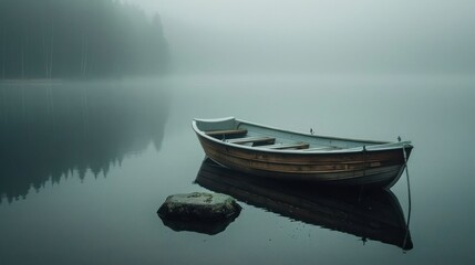Naklejka premium A serene boat floats on a misty lake, surrounded by tranquil forest reflections.