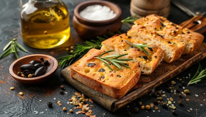 Freshly baked focaccia bread with rosemary, black olives, salt and olive oil on a wooden cutting board.