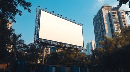 Blank Billboard in Urban Setting:  A large, blank billboard stands prominently in a city setting, offering a clean canvas for advertising or design ideas.