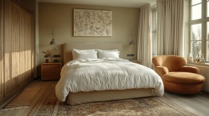 Obraz premium A modern bedroom with a large bed, a plush armchair, and a patterned rug.