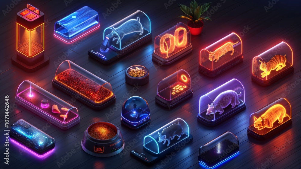 Poster create a collection of neon automated pet feeder symbols, including