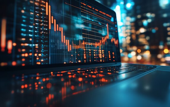 Stock market candlestick charts on a laptop screen in an office environment, highlighting realtime financial data and market analysis