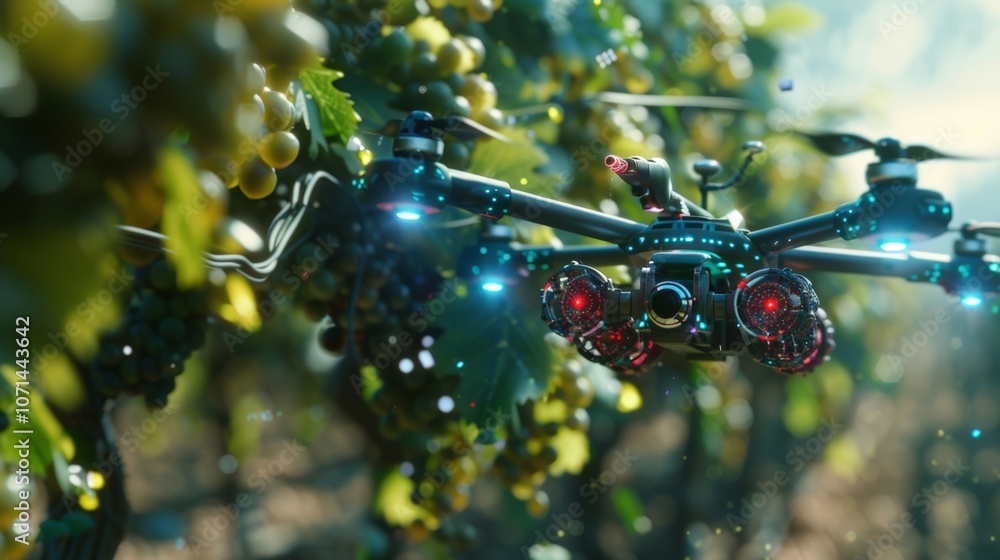 Poster a specialized drone outfitted with lidar technology scanning a vineyard to create 3d maps for precis