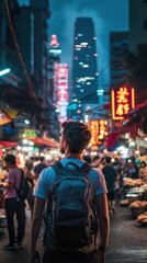 A solo backpacker walking through a bustling Asian city street at night