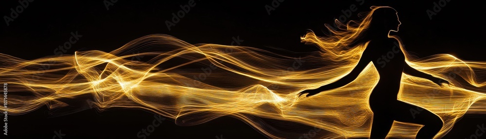 Poster a silhouette of a dancer surrounded by flowing golden light patterns against a dark background, crea