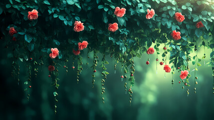 Fototapeta premium Bright, beautiful vines with lush green leaves, curling gracefully as they climb and cascade. The vibrant foliage is accented with small blossoms or tendrils, adding touches of color and texture.