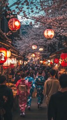 Naklejka premium A traditional cultural festival in Japan, with people dressed in colorful kimonos walking through a narrow street lined with cherry blossom trees.