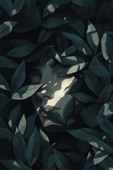 Fototapeta premium Tranquil Artwork Showcasing a Face Half-Hidden Among Dark Leaves, Creating an Atmosphere of Mystery and Calmness 