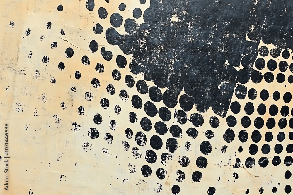 Poster abstract pattern of black dots on a textured beige background.