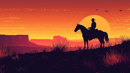 A silhouette of a cowboy on horseback against a vibrant sunset, highlighting rugged landscapes and a serene atmosphere.