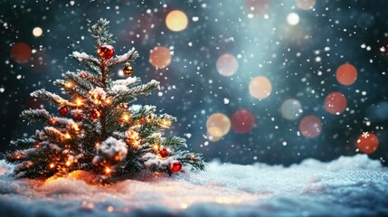 Fototapeta premium Snowfall with blurred background, a serene and magical winter scene ideal for Christmas visuals.