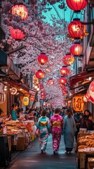 Fototapeta premium A traditional cultural festival in Japan, with people dressed in colorful kimonos walking through a narrow street lined with cherry blossom trees.