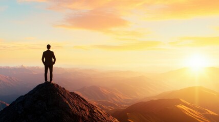 Obraz premium Business professional stands at sunrise peak embracing new opportunities and future success