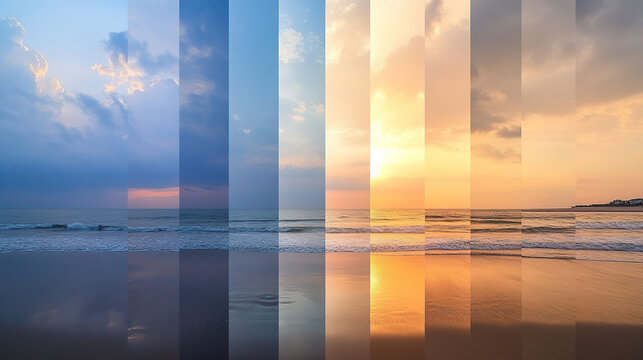 A series of vertical color strips, each representing different times during the day on an empty beach with sand and ocean in the background