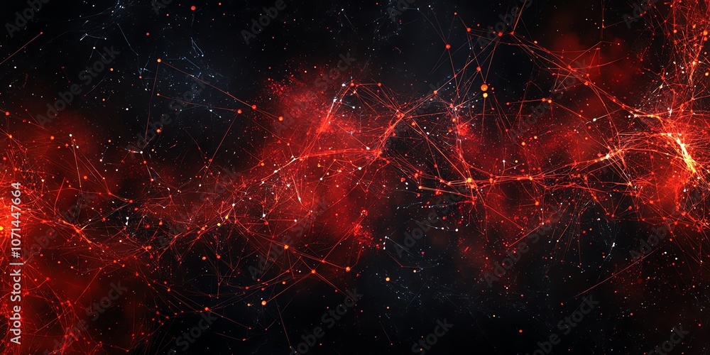 Poster abstract red and black background with a nebula-like texture and glowing lines.