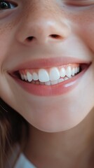 Close-up of a young girl showing her perfect smile with healthy white teeth