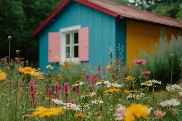 Fototapeta premium Vibrant Cottage Amidst Colorful Flowers in Nature