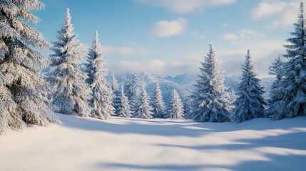 Snow landscape for Christmas, with frosty pine trees and a peaceful winter scene.