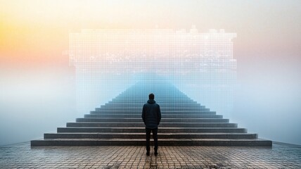 Fototapeta premium An individual stands before a mystical digital structure exploring the intersection of reality and imagination