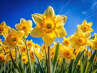 Obraz premium Vibrant Drone Photography of Blooming Daffodils Under a Clear Blue Sky - Springtime Beauty for Greeting Cards and Floral Designs
