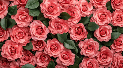Naklejka premium A vibrant arrangement of pink roses and green leaves, creating a lush, floral backdrop full of natural beauty.