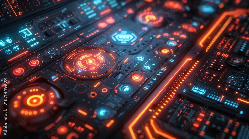 Poster design a collection of neon virtualization symbols, including illuminated virtual