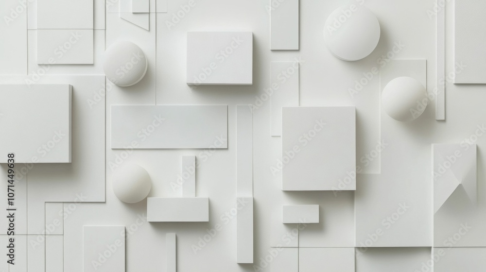Poster abstract geometric shapes background in white tones, featuring various forms such as squares, rectan
