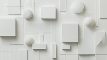 Abstract geometric shapes background in white tones, featuring various forms such as squares, rectangles, and circles on a clean surface Ideal for minimalistic designs or modern themes