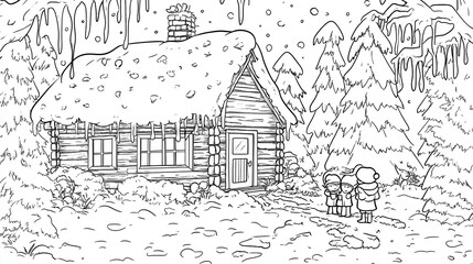 Obraz premium Snowy winter house coloring poster with fir tree, coloring page for kids, simple outline illustration