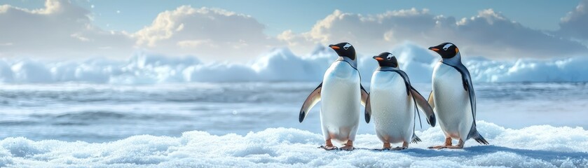 Fototapeta premium Three penguins stand on a snowy landscape with a serene, icy backdrop, showcasing their unique charm in a tranquil environment.