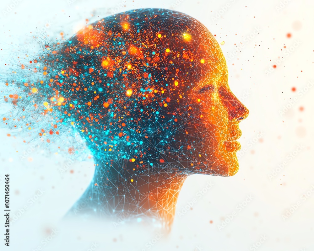 Poster digital abstract polygonal head with a colorful brain on a white background, embodying ai and techno