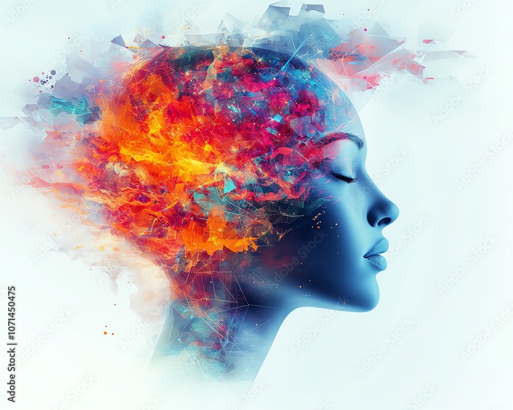 Poster digital abstract polygonal head with a colorful brain on a white background, embodying ai and techno