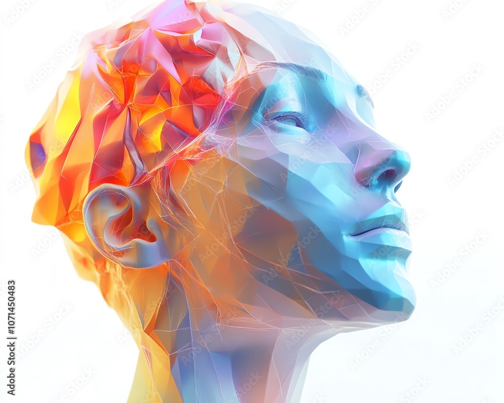 Poster digital abstract polygonal head with a colorful brain on a white background, embodying ai and techno
