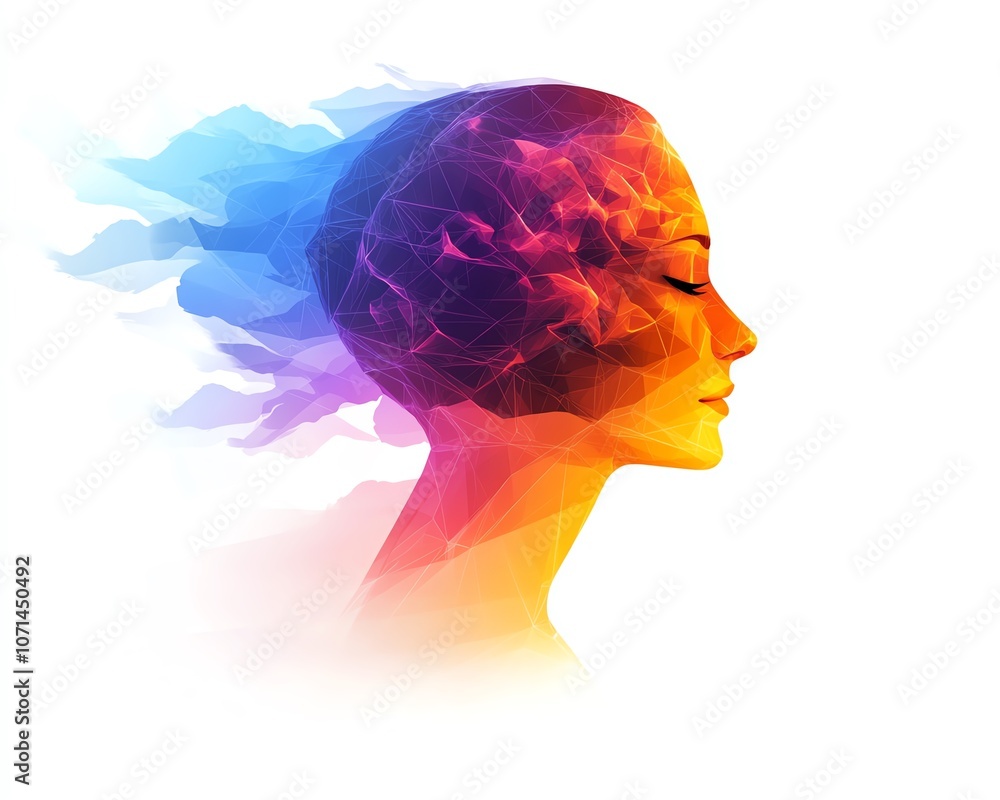 Poster digital abstract polygonal head with a colorful brain on a white background, embodying ai and techno