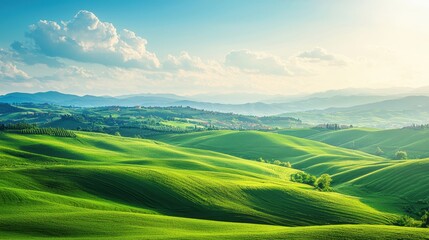 Fototapeta premium A breathtaking panorama of rolling green hills under a bright sky, showcasing the beauty of nature in a serene landscape.