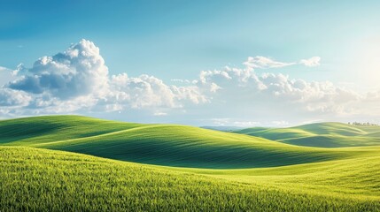 Obraz premium A serene landscape of rolling green hills and fluffy clouds under a bright blue sky, evoking tranquility and natural beauty.