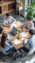Business team woman and man asian group meeting sitting on desk looking talk think creative idea computer on table