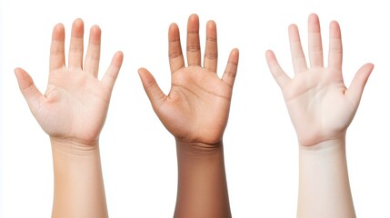 Fototapeta premium Hand isolated palm and diversity concept. Three hands of different skin tones are raised together against a white background, symbolizing diversity and unity.