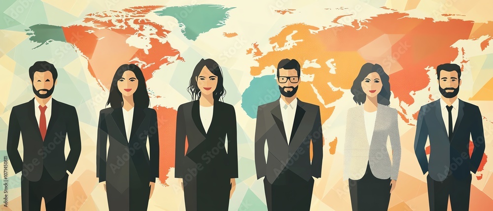 Poster flat design illustration featuring business people in front of a world map, using geometric shapes, 
