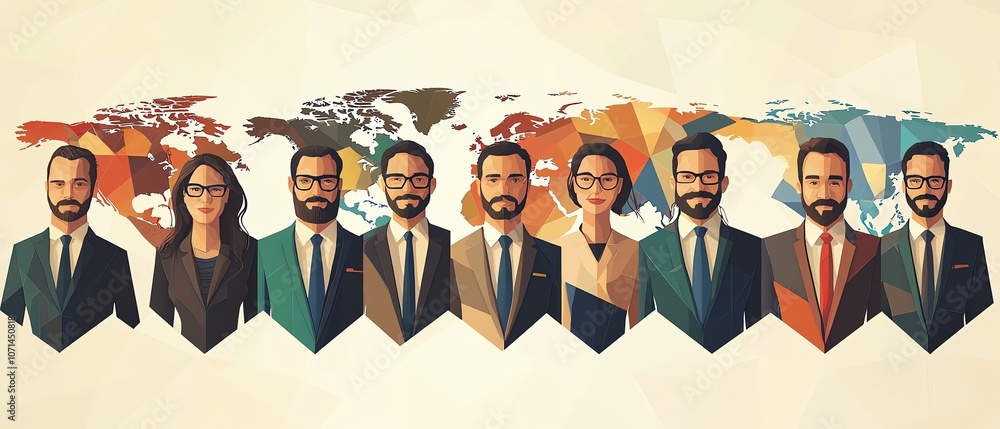 Poster flat design illustration featuring business people in front of a world map, using geometric shapes, 