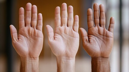 Hand isolated palm and diversity concept. Three hands raised together, showcasing diverse skin tones and textures, symbolizing unity, diversity, and inclusivity.